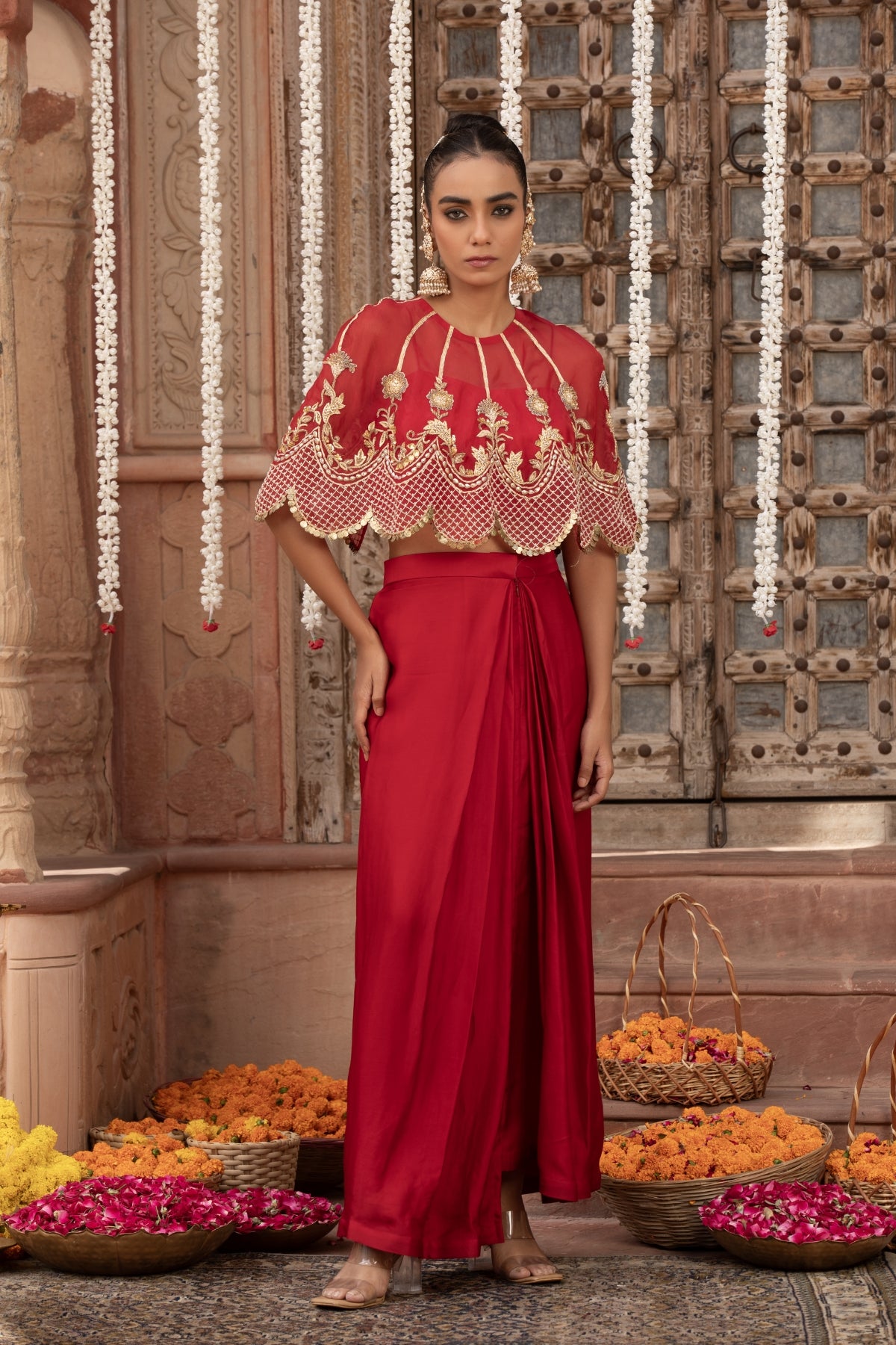 SCARLET RED SCALOOP CAPE,BUSTIER  &DRAPE SKIRT