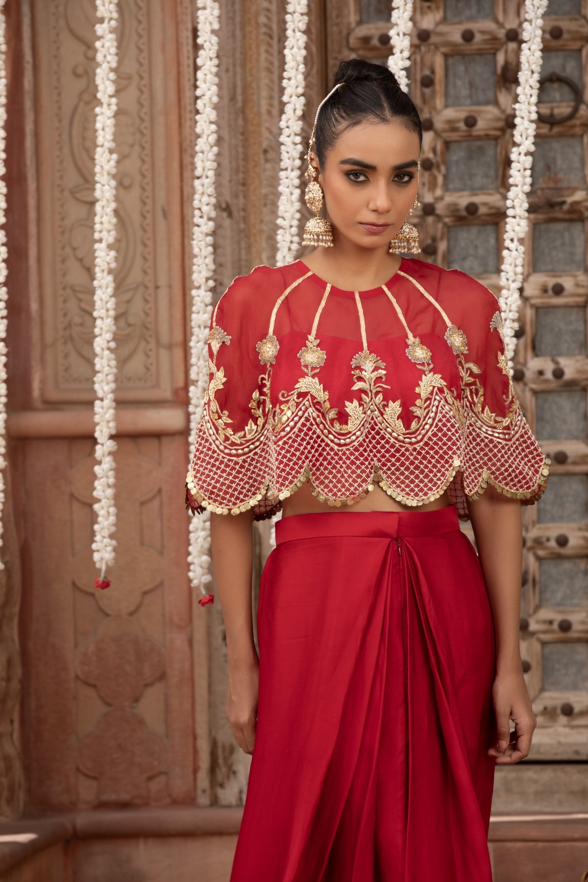 SCARLET RED SCALOOP CAPE,BUSTIER  &DRAPE SKIRT