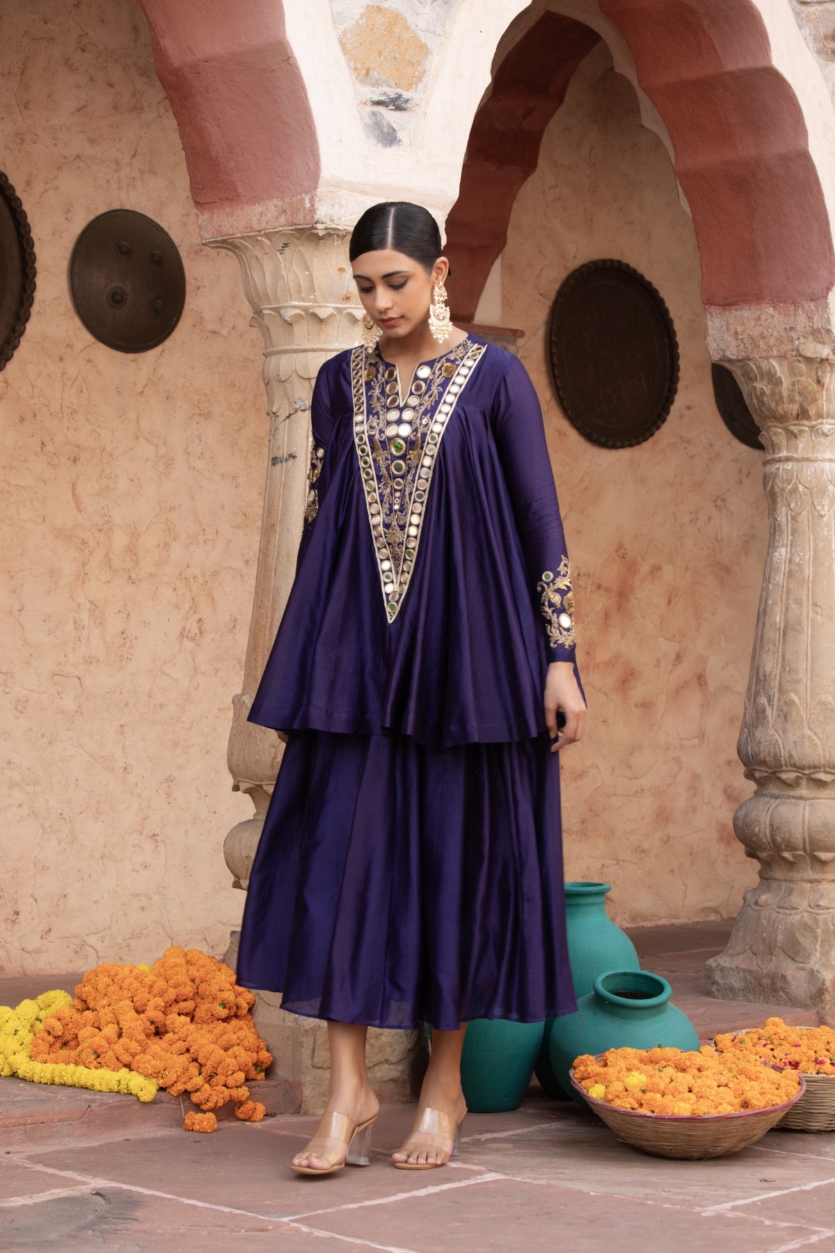 BLUE CHANDERI KATHIAVADI TOP & MIDI SKIRT