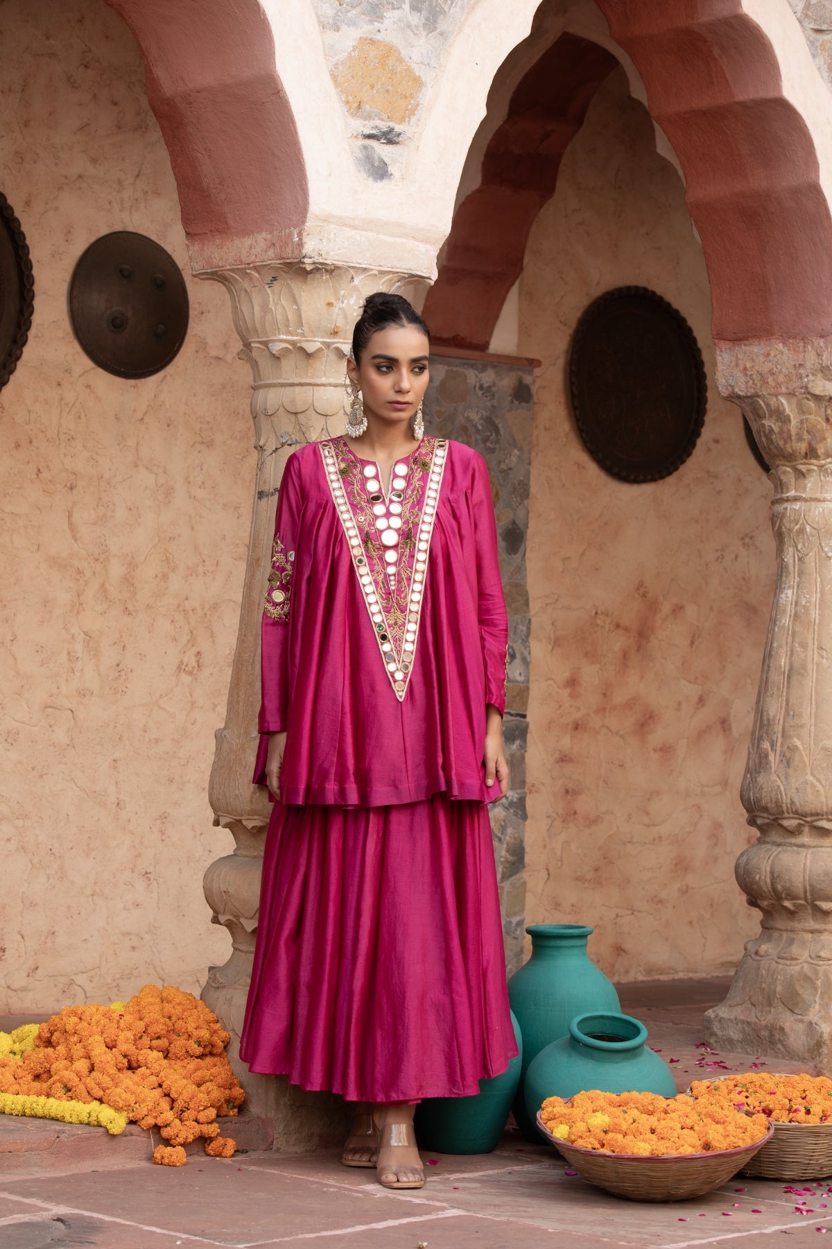 FUSCHIA PINK CHANDERI KATHIAVADI TOP & MIDI SKIRT