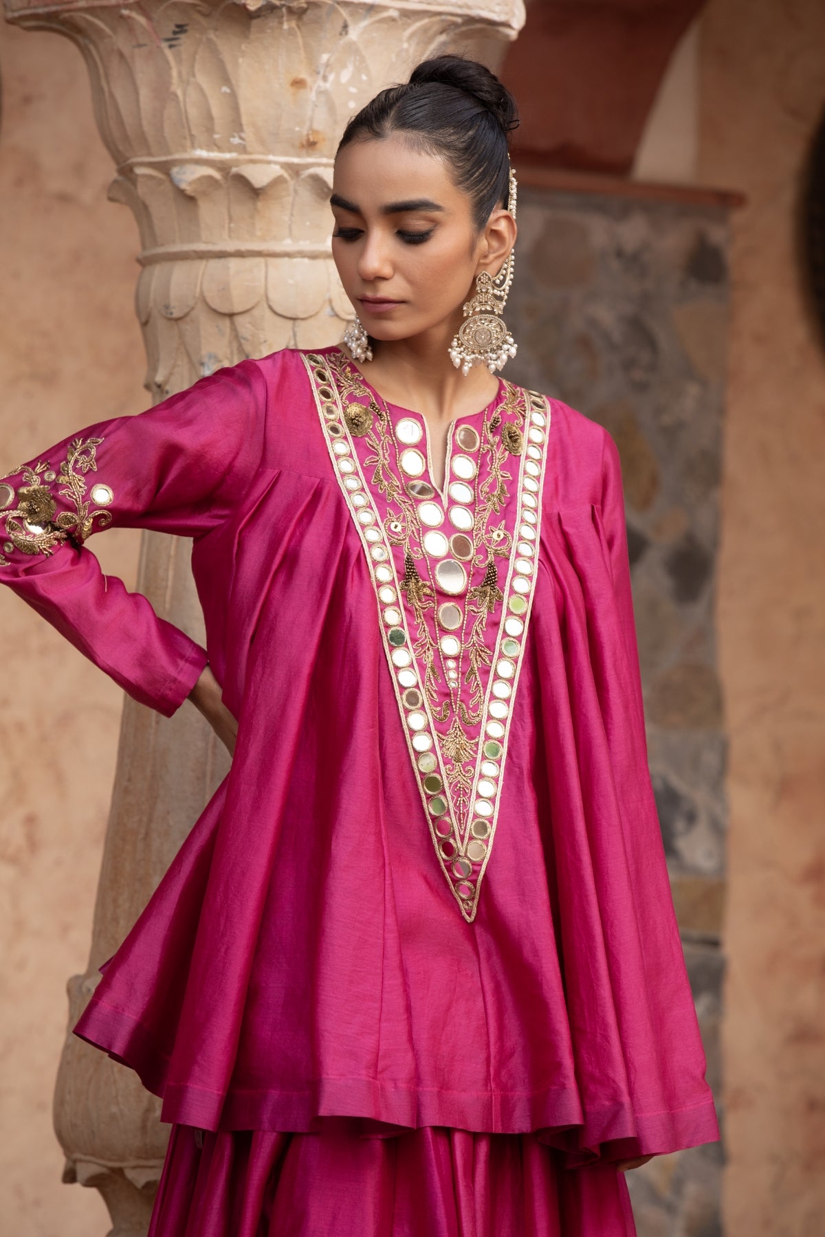 FUSCHIA PINK CHANDERI KATHIAVADI TOP & MIDI SKIRT
