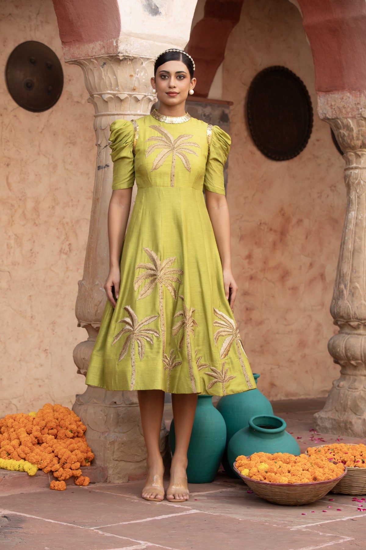 LIME GREEN ZARI TREE MIDI GOWN