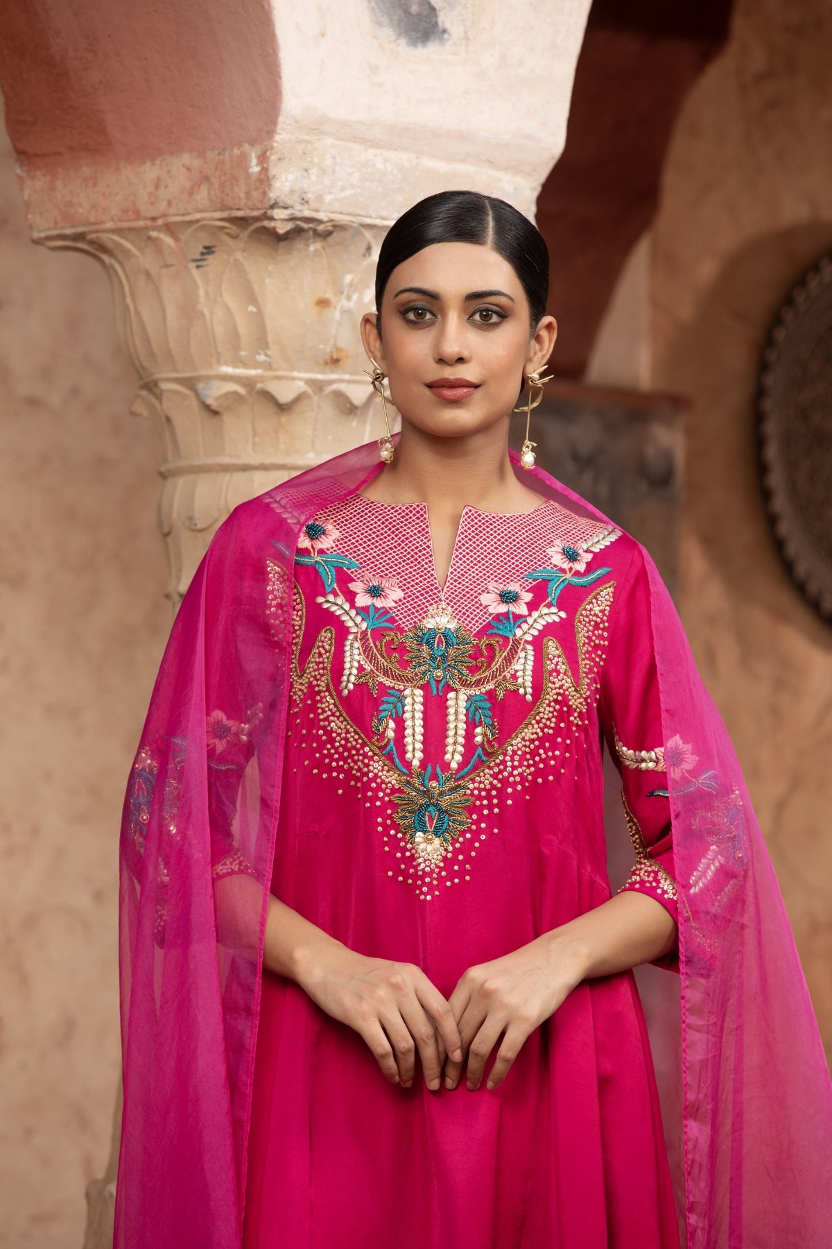 RANI-PINK HAND-EMBELLISHED ANARKALI SET