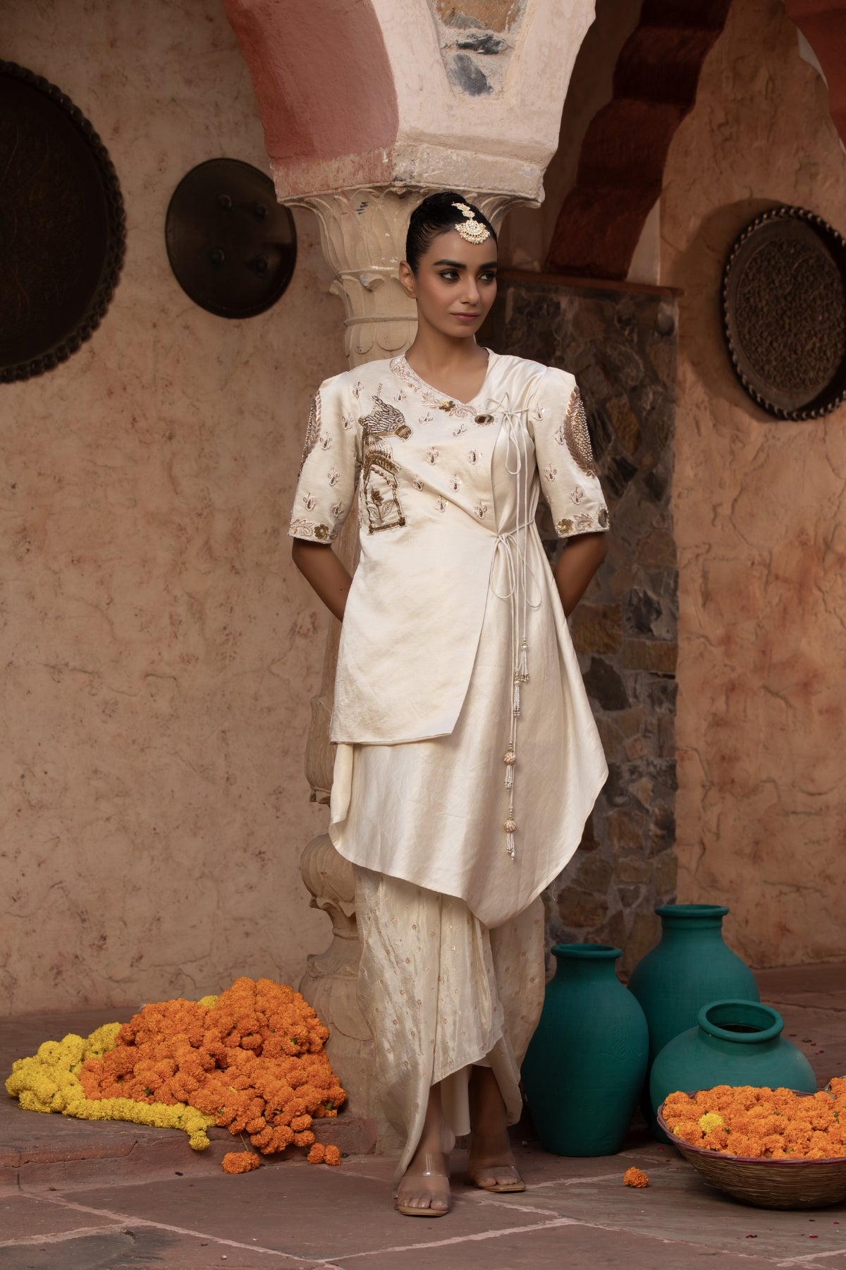 IVORY ROCOCCO ASYMMETRIC ANGRAKHA WITH DRAPE SKIRT
