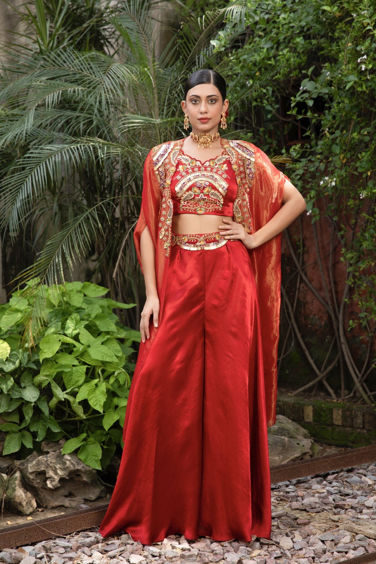 RED CROPTOP CAPE & PALAZZO INDO-WESTERN STYLE