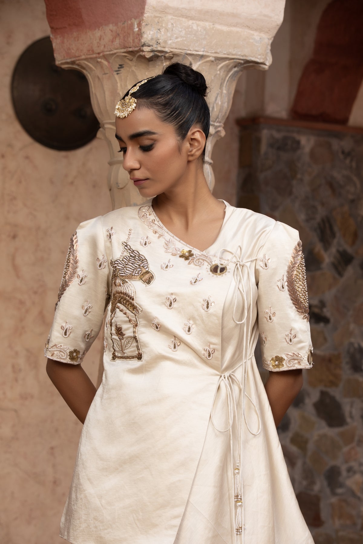 IVORY ROCOCCO ASYMMETRIC ANGRAKHA WITH DRAPE SKIRT