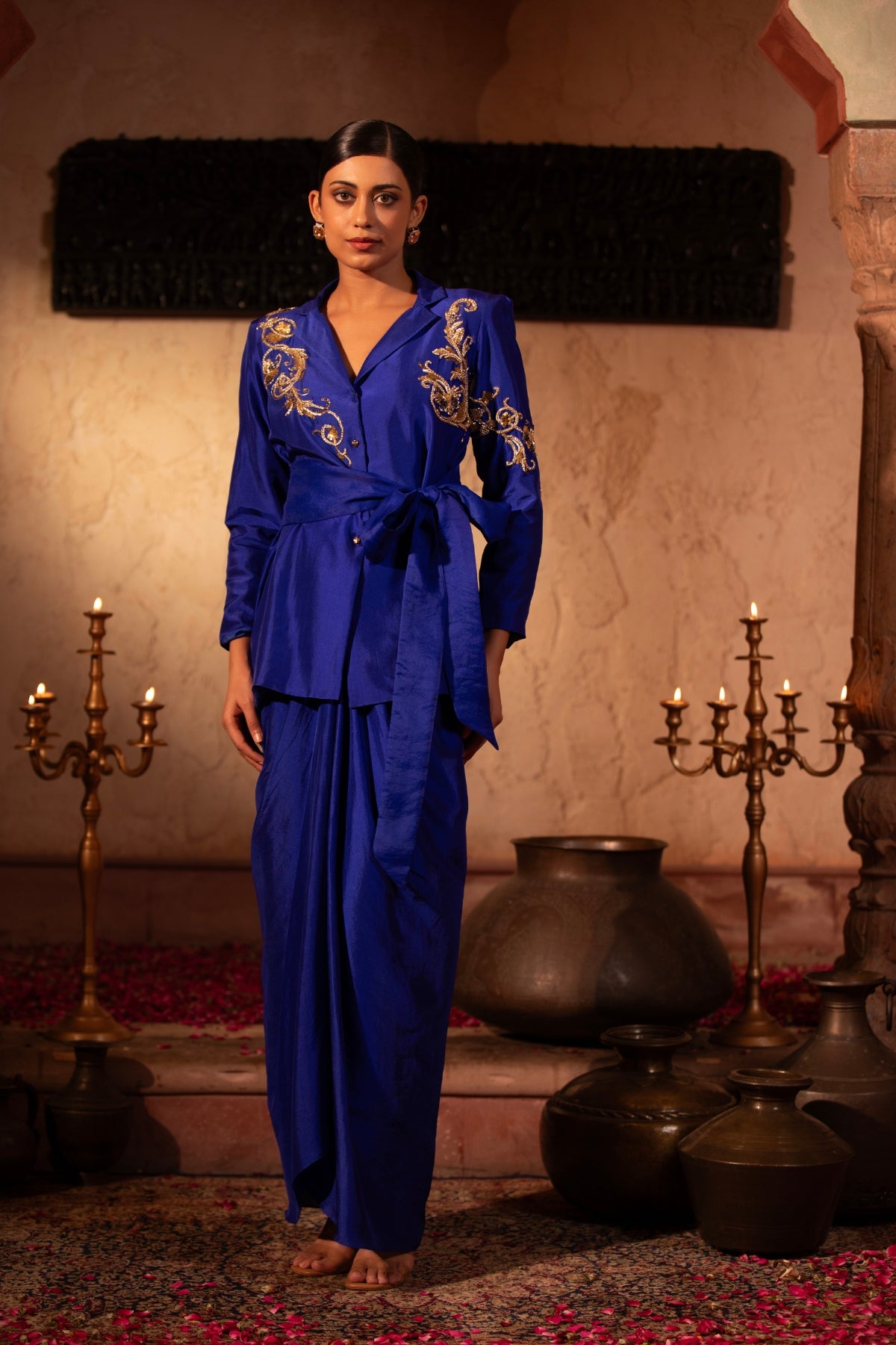 EGYPTIAN BLUE WRAP ROCOCCO BLAZER WITH DRAPE SKIRT