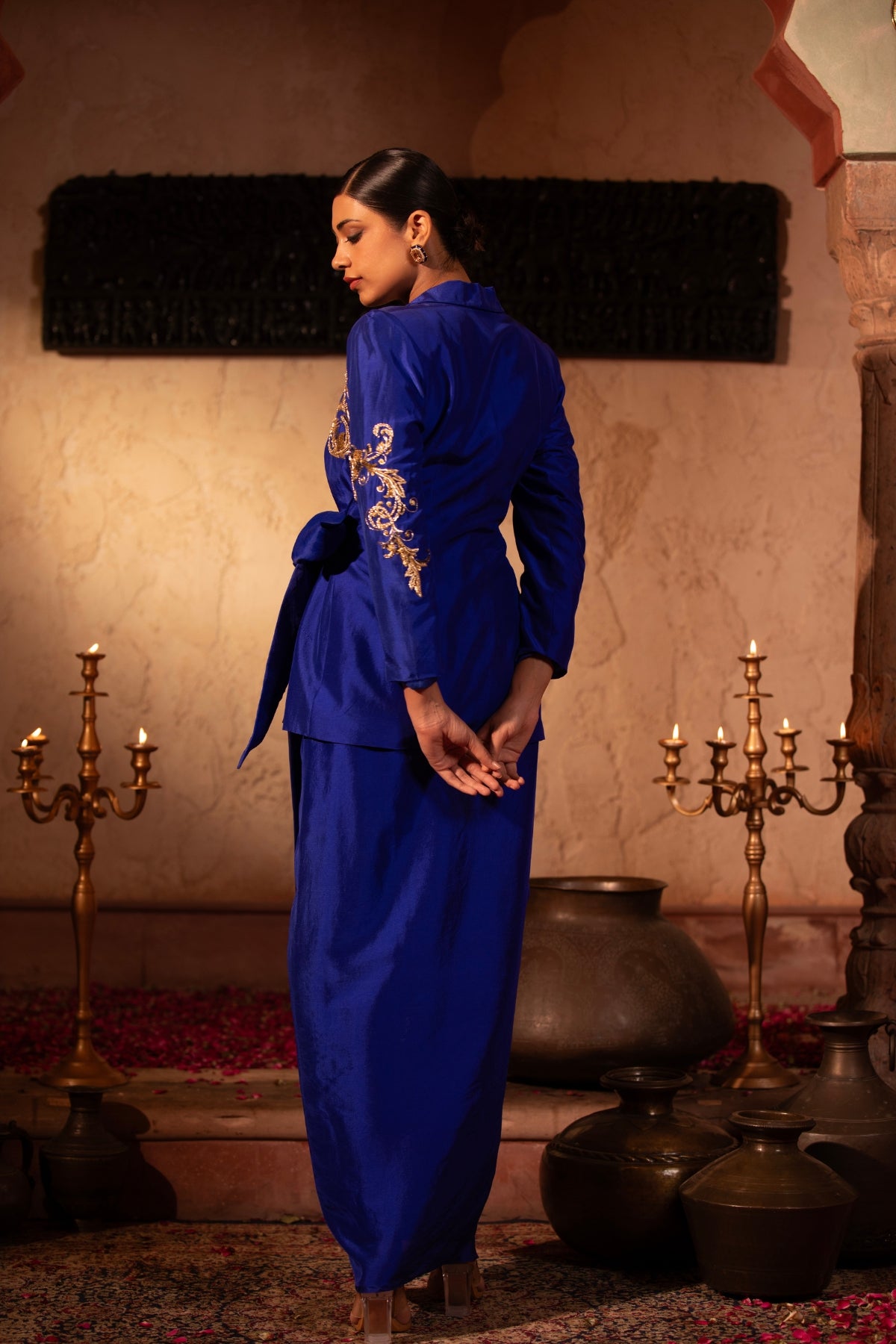 EGYPTIAN BLUE WRAP ROCOCCO BLAZER WITH DRAPE SKIRT