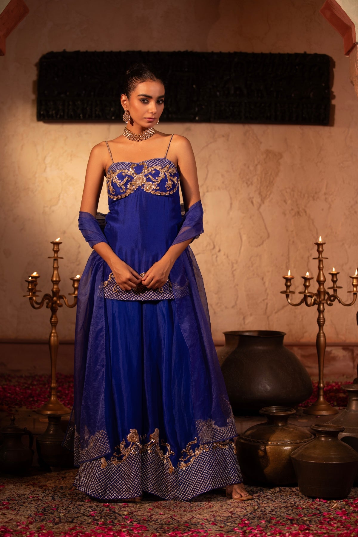 EGYPTIAN BLUE ROCOCO CORSET PEPLUM SHARARA SET