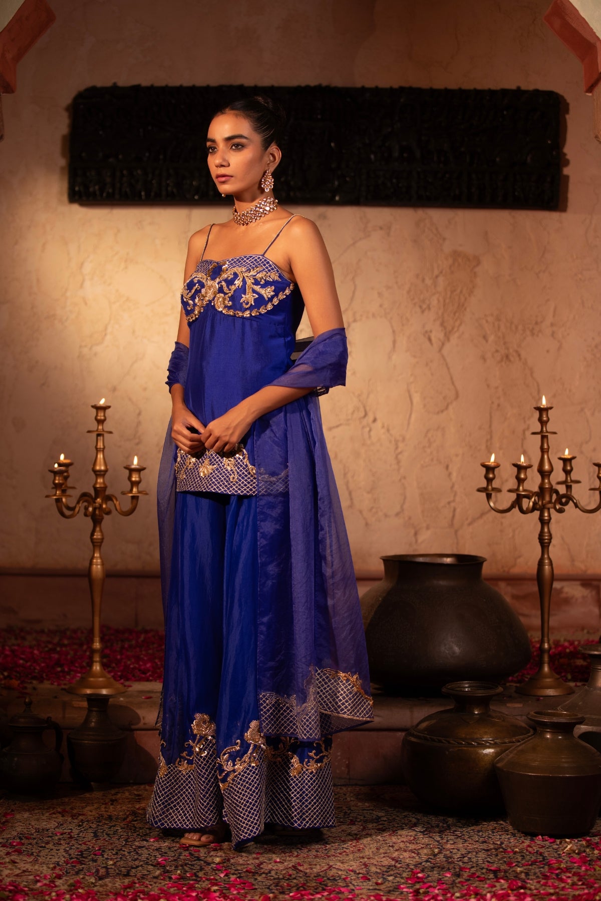EGYPTIAN BLUE ROCOCO CORSET PEPLUM SHARARA SET