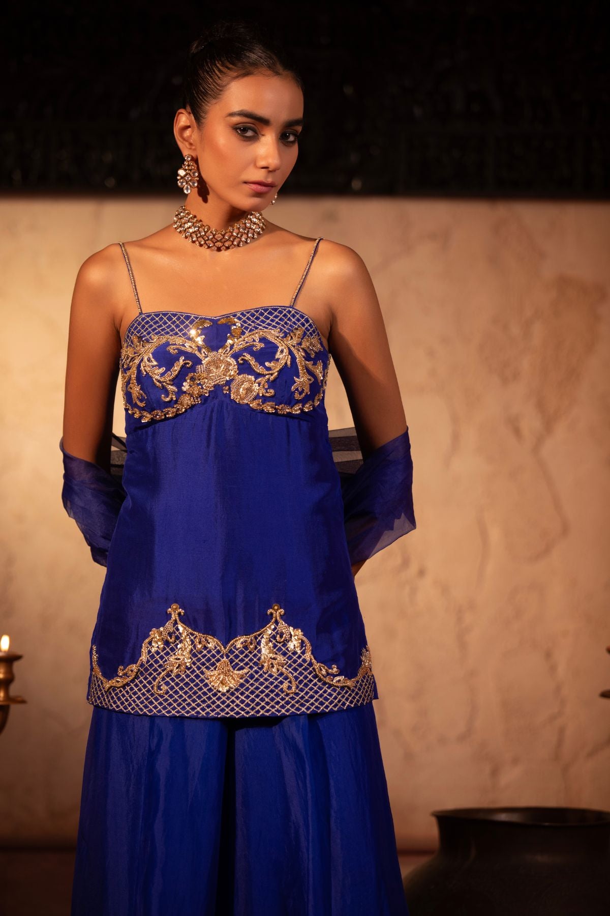 EGYPTIAN BLUE ROCOCO CORSET PEPLUM SHARARA SET