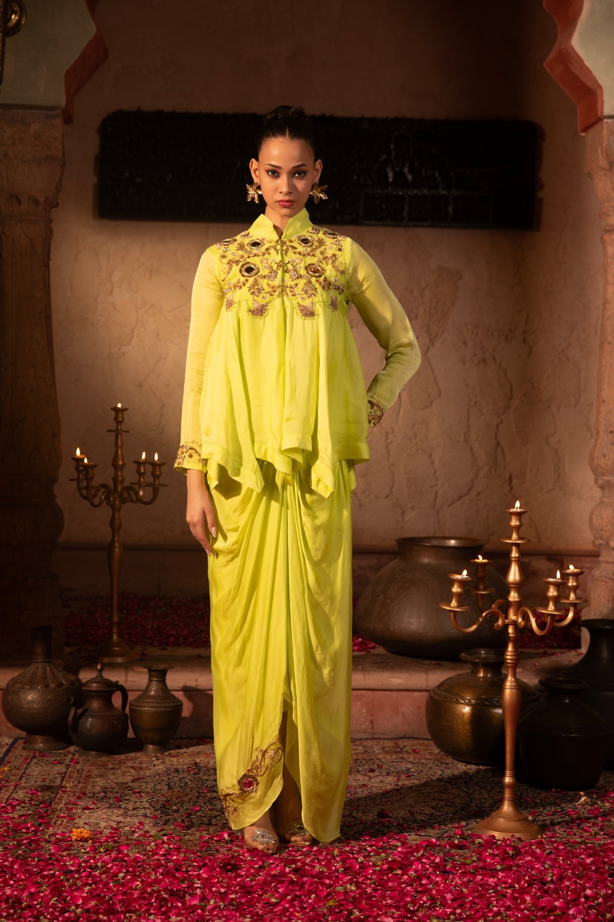 LIME KALIDAR ASYMMETRIC TOP & DRAPED SKIRT