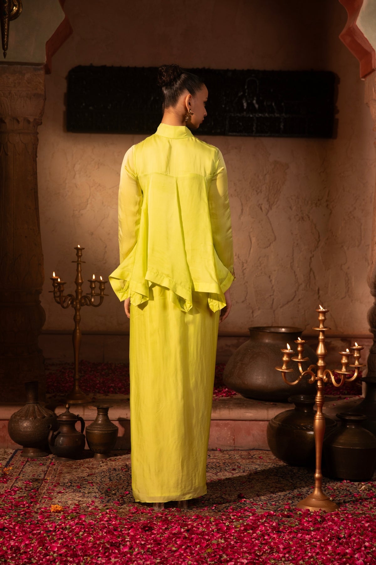 LIME KALIDAR ASYMMETRIC TOP & DRAPED SKIRT