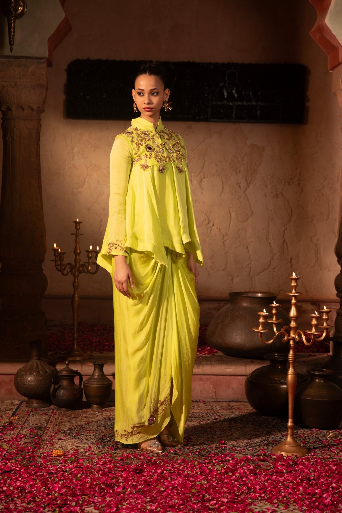 LIME KALIDAR ASYMMETRIC TOP & DRAPED SKIRT