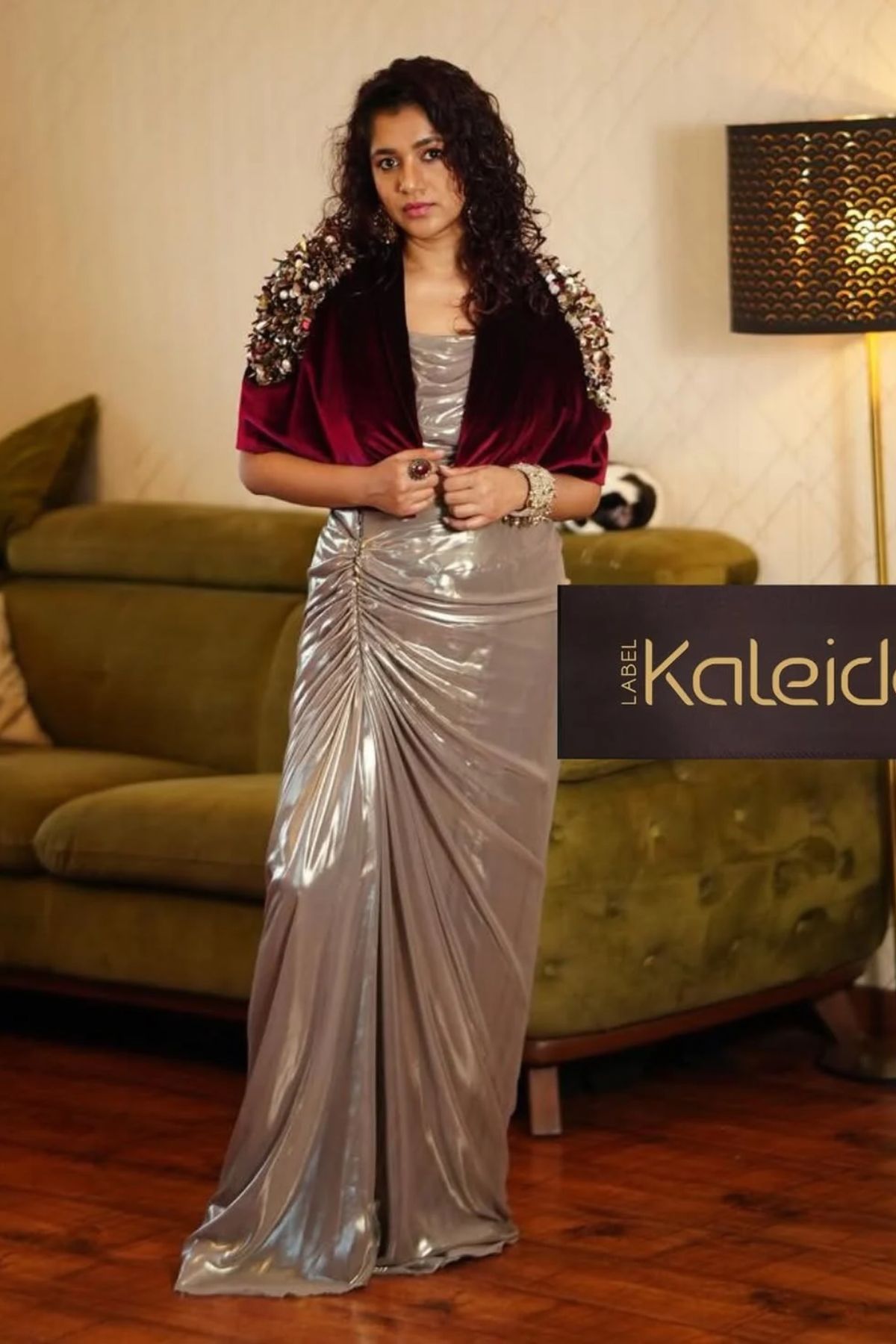 Sonal Agrawal In Wine Velvet Cape With Glass Cowl Buster And Drape Skirt