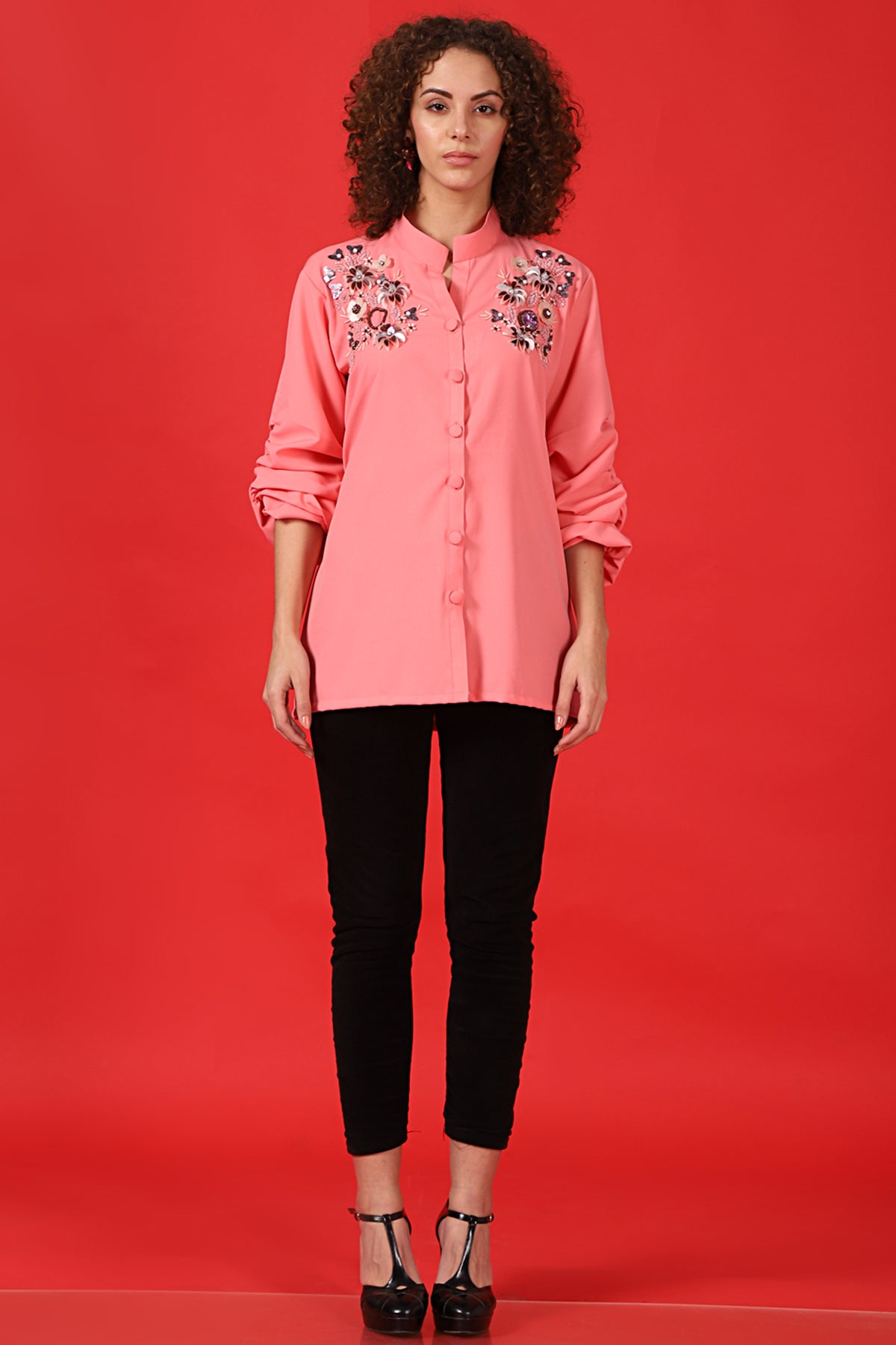 Blush ruched sleeves 3D embroidered shirt