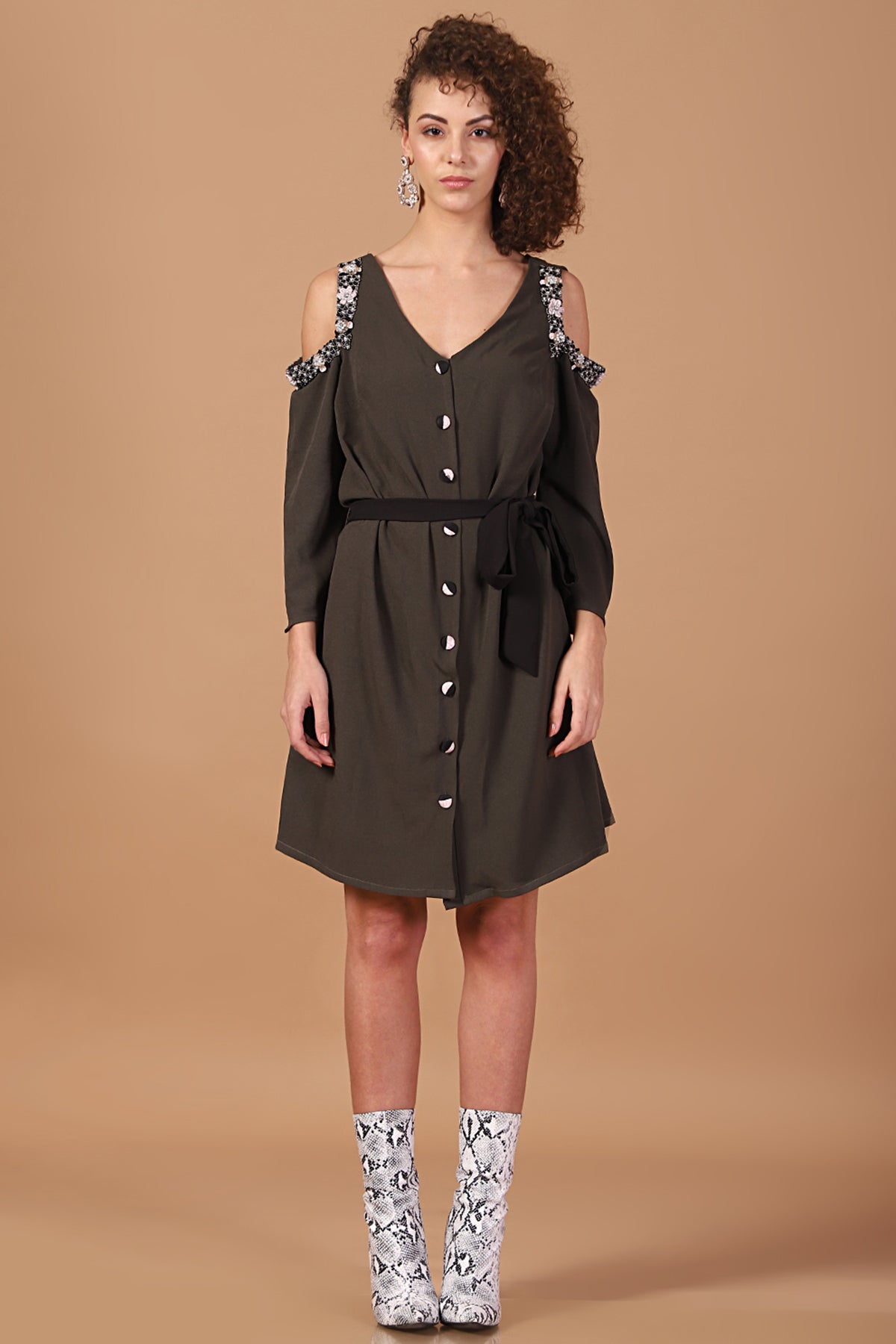 Military Cut-out Sleeves Belted Dress